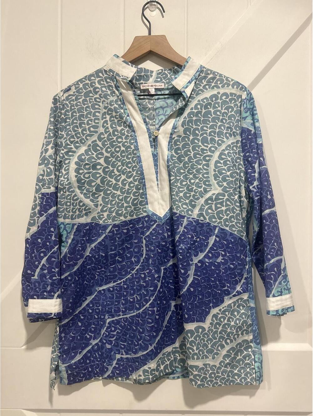 Peter Millar Blue and White Patterned Cotton Spandex Blend Tunic Shirt, Medium